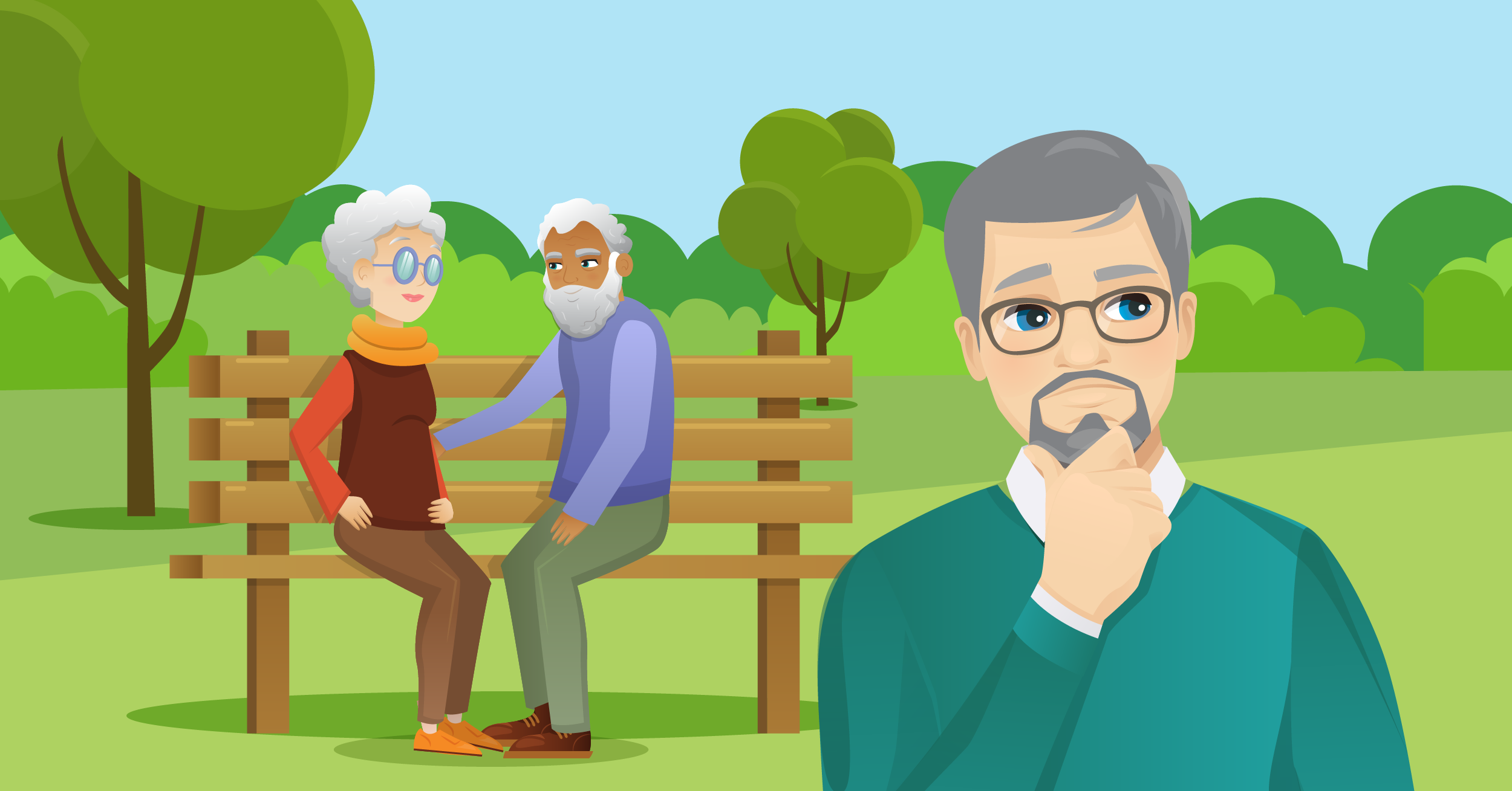 Elderly couple on park bench with son